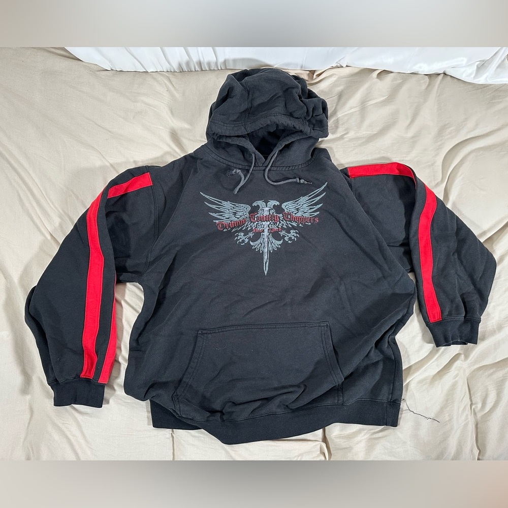 00’s Orange County Choppers Vintage Distressed Hoodie Medium Red Arm Stripes - Picture 13 of 15